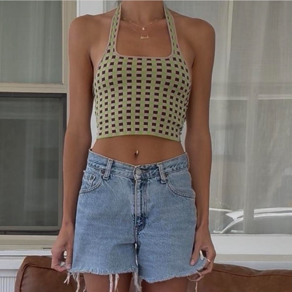 Stylish Green and Black Checkered Halter Top